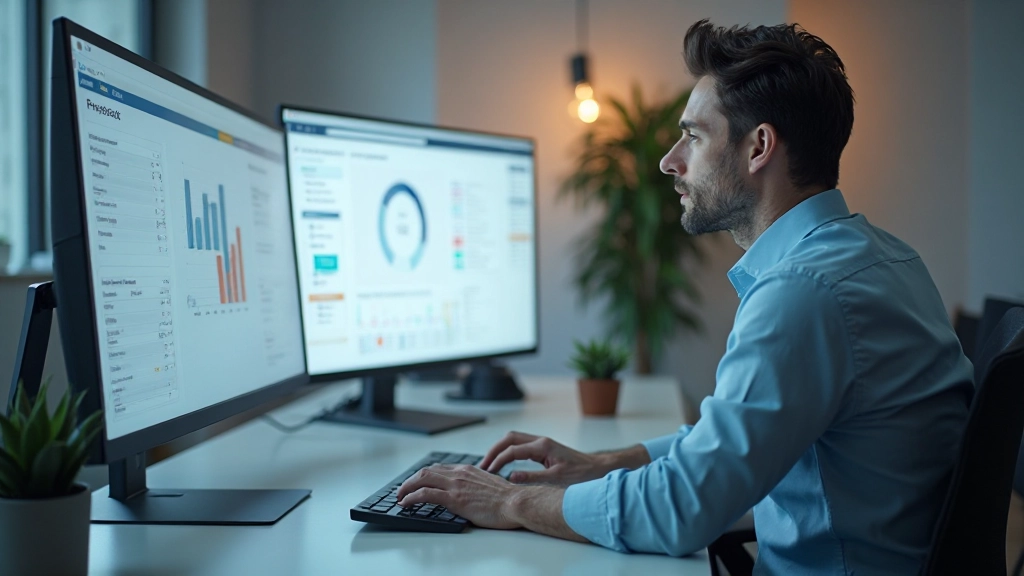 Менеджер проекта работает с системой управления на большом мониторе