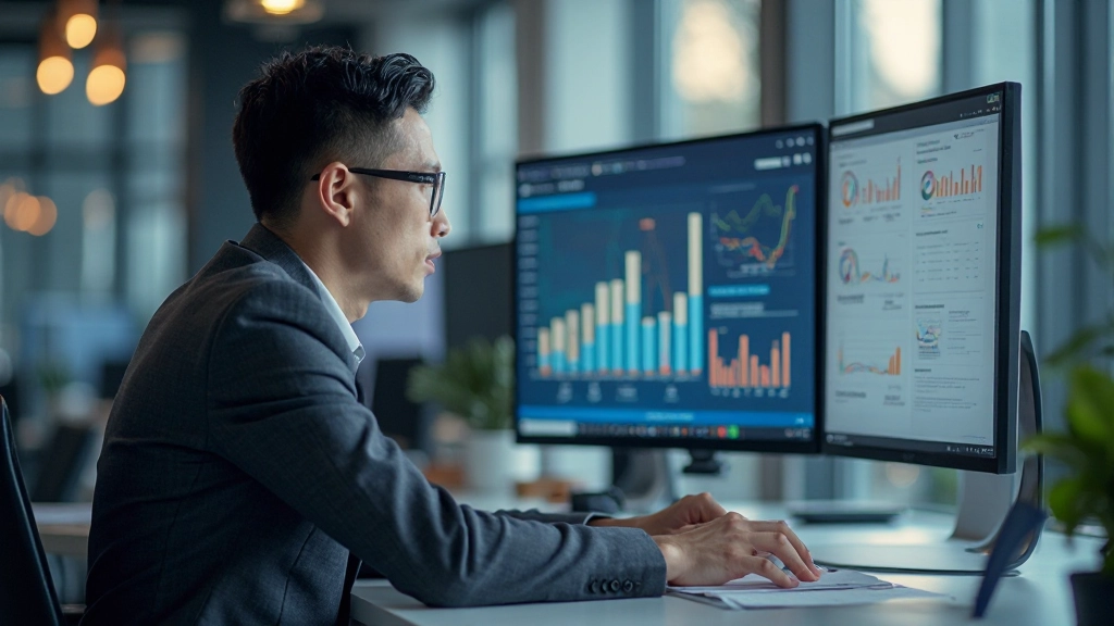 Менеджер анализирует данные производительности на экране компьютера с графиками и диаграммами