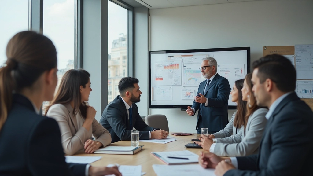 Команда обсуждает структуру управления проектом в конференц-зале