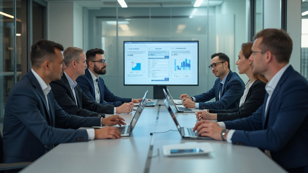 Команда коллег на встрече обсуждает систему управления проектами и рабочие процессы