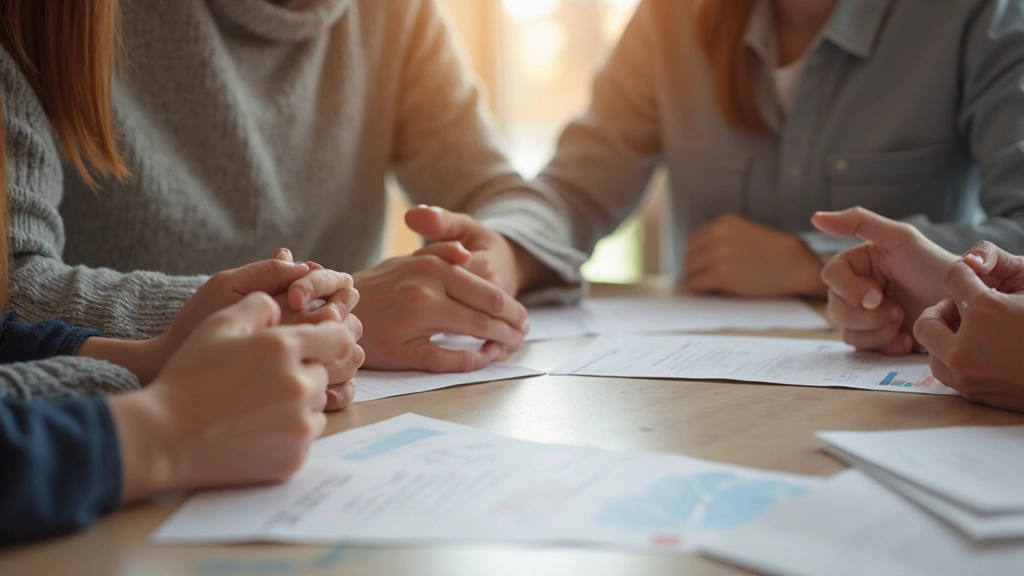 Семья вместе планирует финансовые цели за круглым столом с графиками и документами