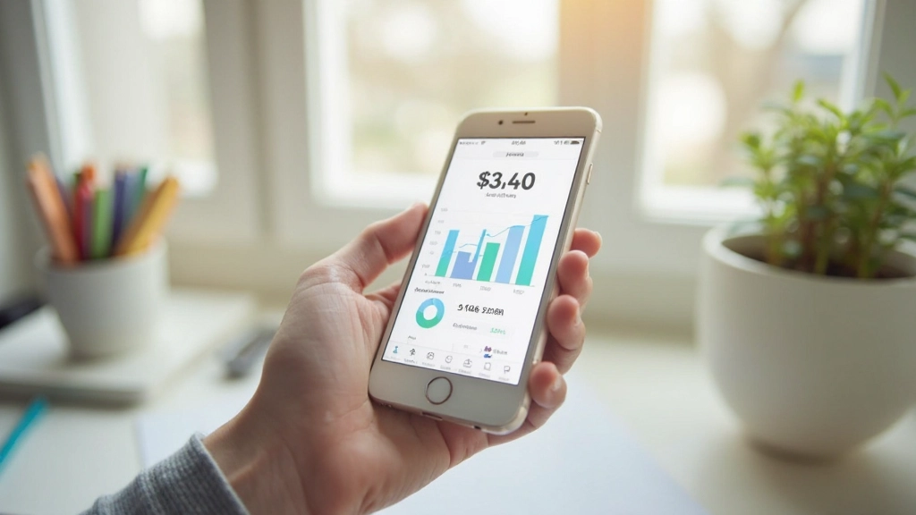 Смартфон с приложением финансового контроля на экране, показывающий графики расходов и баланс счета