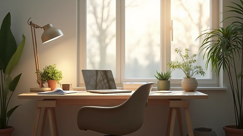 Современное рабочее пространство с минимальным беспорядком, естественным освещением и удобным креслом