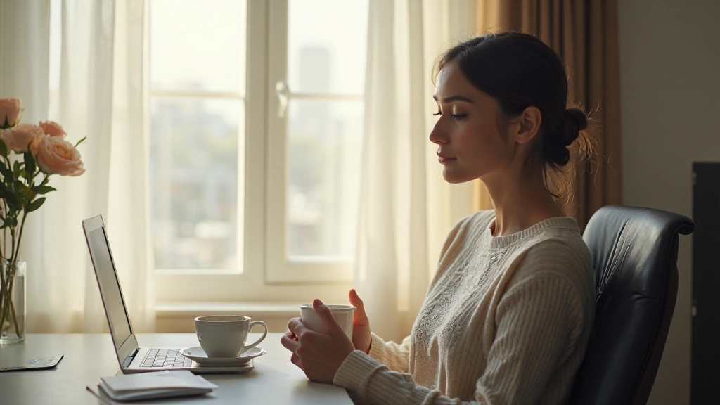 Человек пьет кофе утром и смотрит в окно в светлом офисе