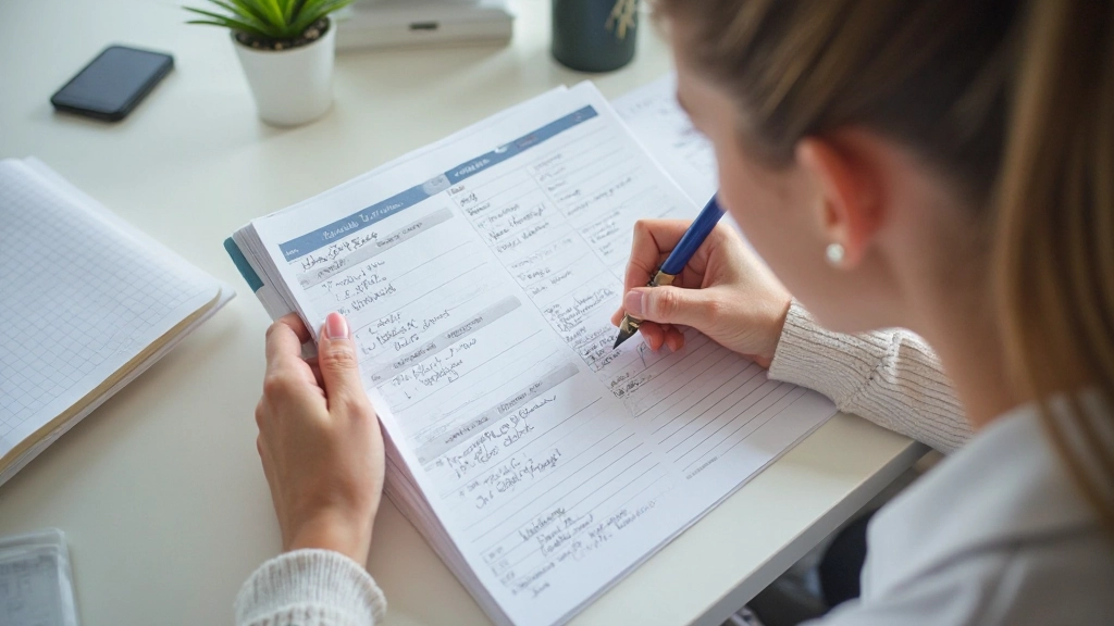 Рабочее место с ноутбуком, где открыта таблица еженедельного бюджета, рядом блокнот и ручка на деревянном столе