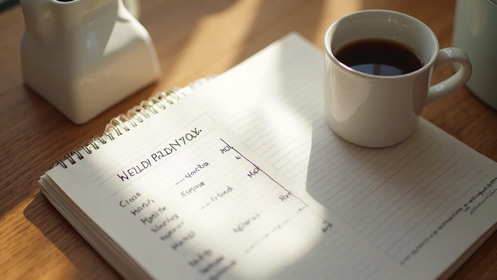 Еженедельный бюджетный план написан в блокноте рядом с кофе
