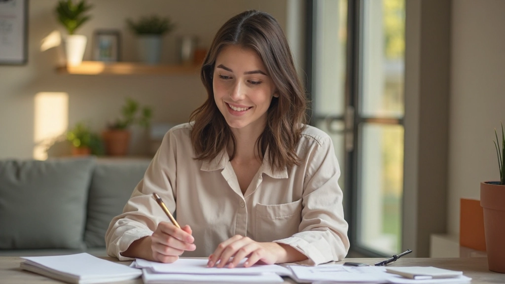 Молодая женщина улыбается, планируя финансовые цели в своем доме